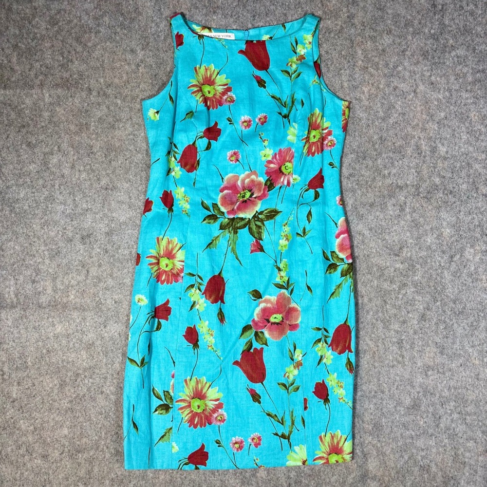 Jones New York Dress Sheath Women 8P Blue Floral Linen Sleeveless Boat Neck